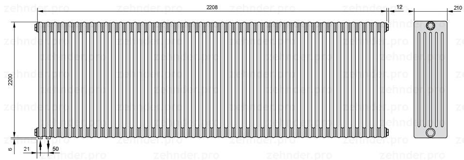 Схема (чертеж) Радиатор Zehnder Charleston 6220/48 №3370 Белый глянцевый RAL 9016